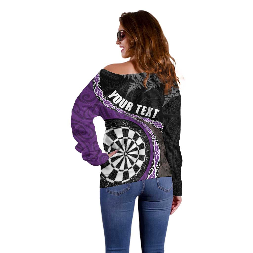 Personalised New Zealand Darts Off Shoulder Sweater Koru Tribal Tattoo and Silver Fern Maori Pattern Purple Color LT03 - Polynesian Pride