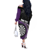 Personalised New Zealand Darts Off The Shoulder Long Sleeve Dress Koru Tribal Tattoo and Silver Fern Maori Pattern Purple Color LT03 - Polynesian Pride