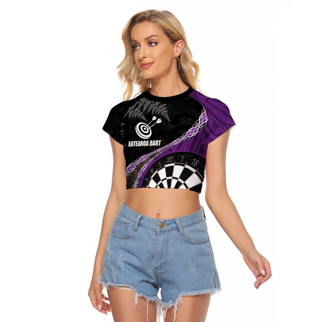 Personalised New Zealand Darts Raglan Cropped T Shirt Koru Tribal Tattoo and Silver Fern Maori Pattern Purple Color LT03 Female Purple - Polynesian Pride