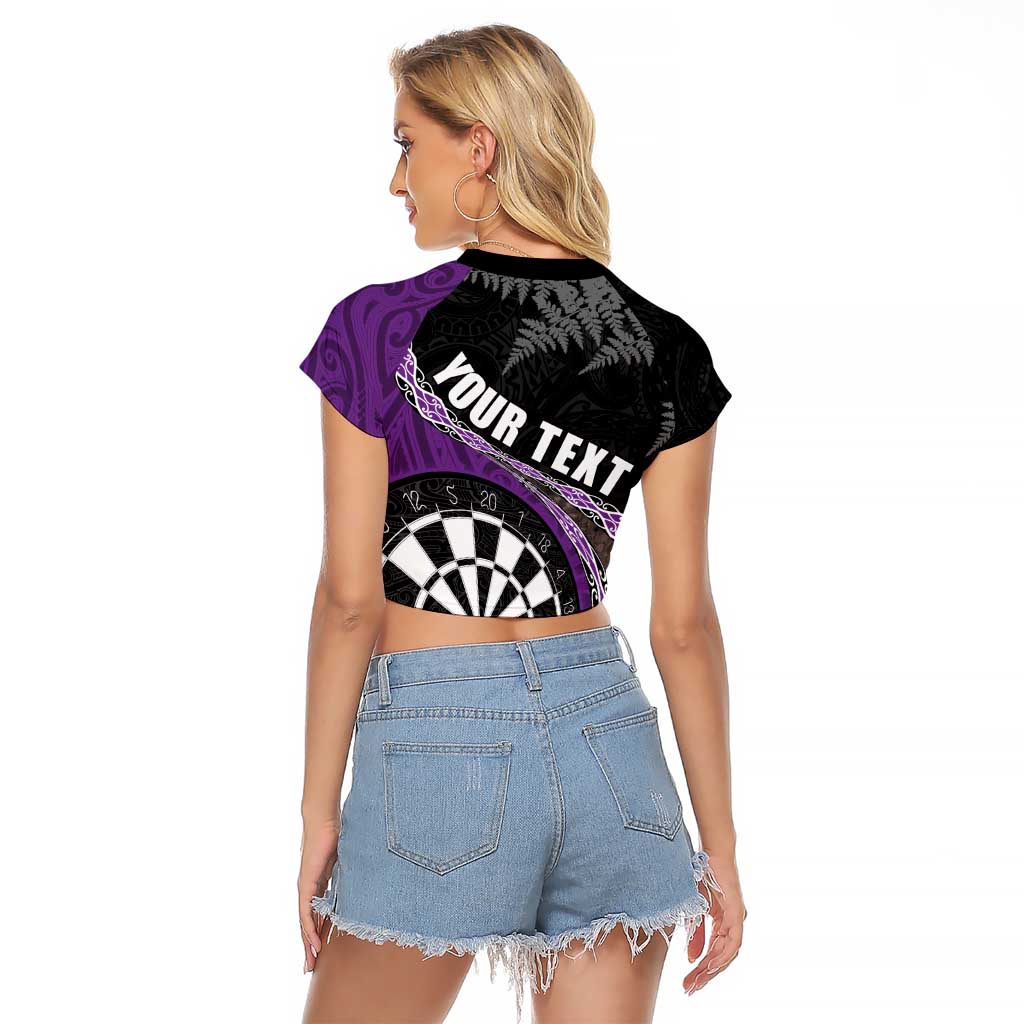 Personalised New Zealand Darts Raglan Cropped T Shirt Koru Tribal Tattoo and Silver Fern Maori Pattern Purple Color LT03 - Polynesian Pride