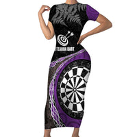 Personalised New Zealand Darts Short Sleeve Bodycon Dress Koru Tribal Tattoo and Silver Fern Maori Pattern Purple Color LT03 Long Dress Purple - Polynesian Pride