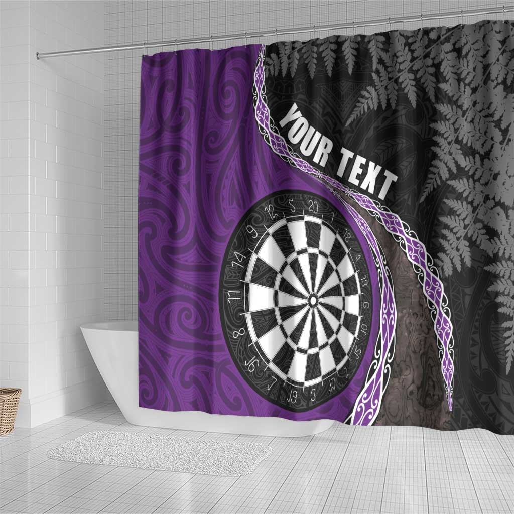 Personalised New Zealand Darts Shower Curtain Koru Tribal Tattoo and Silver Fern Maori Pattern Purple Color LT03 - Polynesian Pride