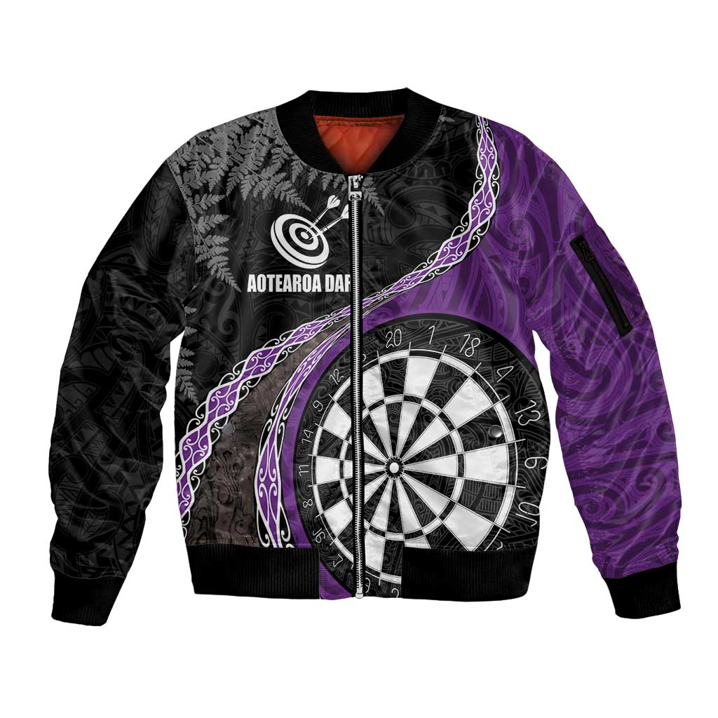 Personalised New Zealand Darts Sleeve Zip Bomber Jacket Koru Tribal Tattoo and Silver Fern Maori Pattern Purple Color LT03 Unisex Purple - Polynesian Pride