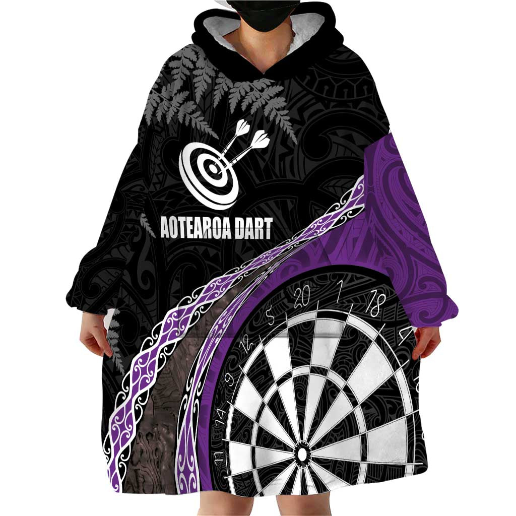 Personalised New Zealand Darts Wearable Blanket Hoodie Koru Tribal Tattoo and Silver Fern Maori Pattern Purple Color LT03 - Polynesian Pride