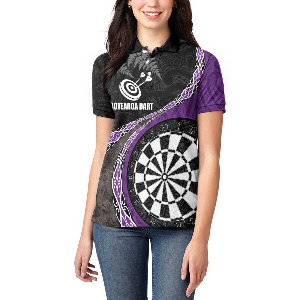 Personalised New Zealand Darts Women Polo Shirt Koru Tribal Tattoo and Silver Fern Maori Pattern Purple Color