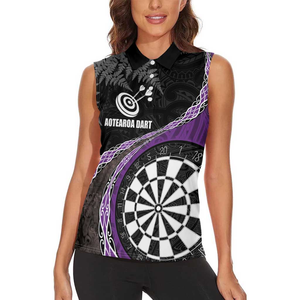 Personalised New Zealand Darts Women Sleeveless Polo Shirt Koru Tribal Tattoo and Silver Fern Maori Pattern Purple Color LT03 - Polynesian Pride