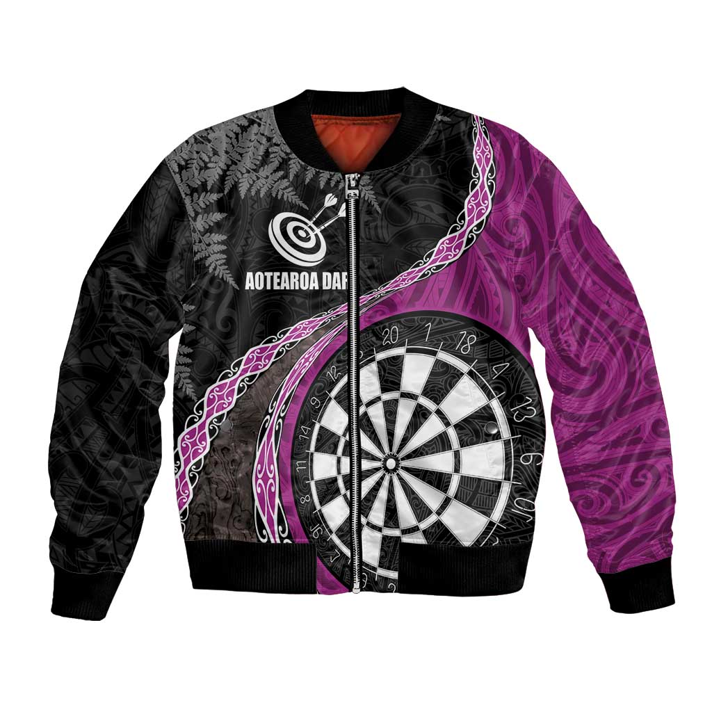 Personalised New Zealand Darts Bomber Jacket Koru Tribal Tattoo and Silver Fern Maori Pattern Pink Color LT03 Unisex Pink - Polynesian Pride