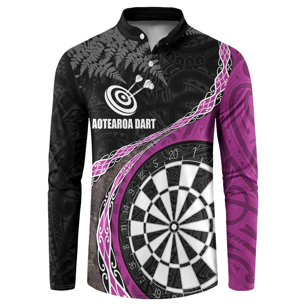 Personalised New Zealand Darts Button Sweatshirt Koru Tribal Tattoo and Silver Fern Maori Pattern Pink Color LT03 Pink - Polynesian Pride