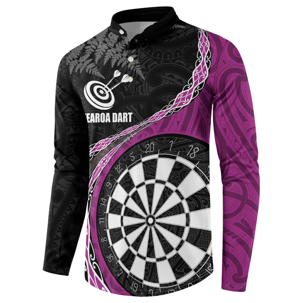 Personalised New Zealand Darts Button Sweatshirt Koru Tribal Tattoo and Silver Fern Maori Pattern Pink Color LT03 - Polynesian Pride