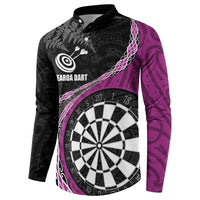 Personalised New Zealand Darts Button Sweatshirt Koru Tribal Tattoo and Silver Fern Maori Pattern Pink Color LT03 - Polynesian Pride
