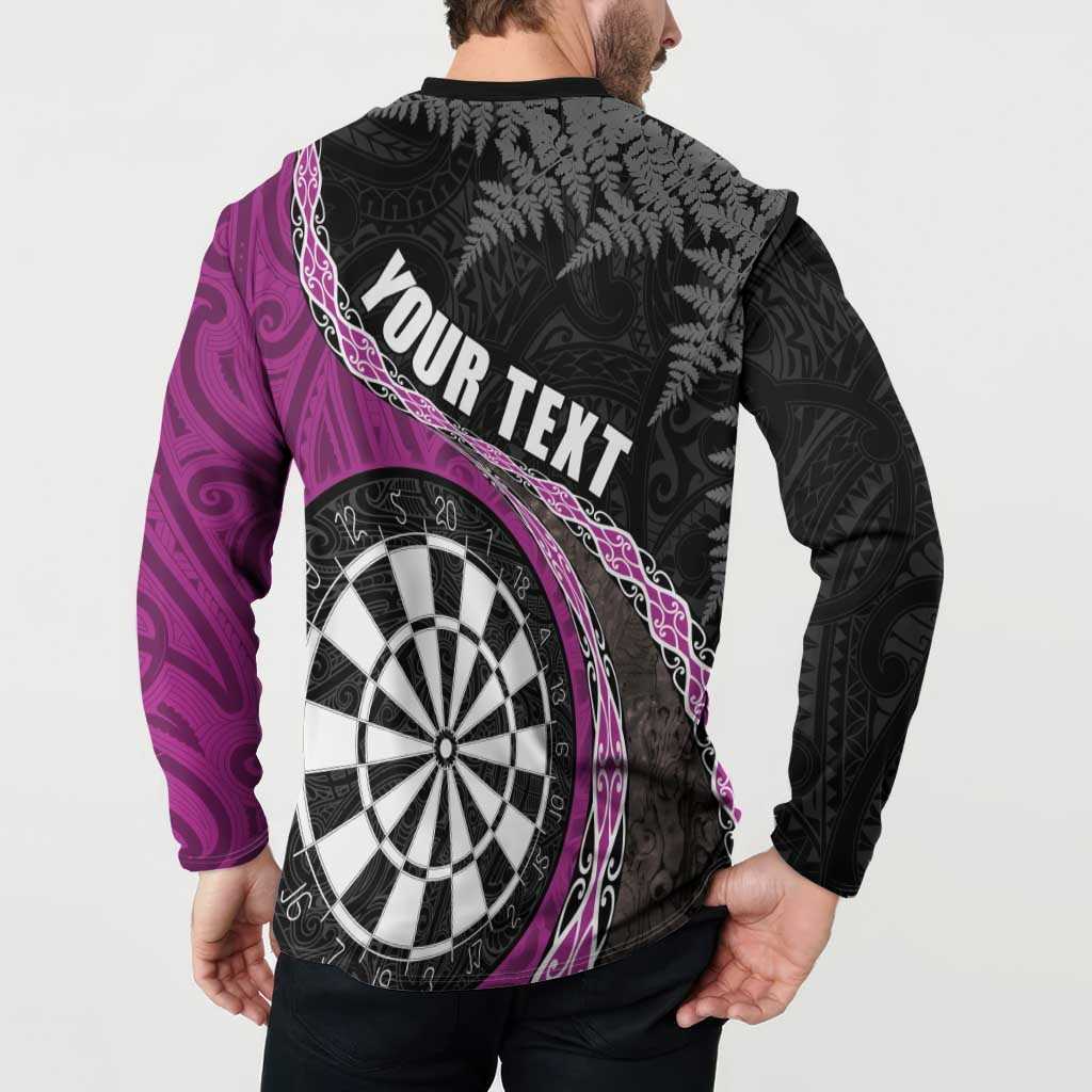 Personalised New Zealand Darts Button Sweatshirt Koru Tribal Tattoo and Silver Fern Maori Pattern Pink Color LT03 - Polynesian Pride