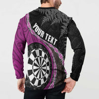 Personalised New Zealand Darts Button Sweatshirt Koru Tribal Tattoo and Silver Fern Maori Pattern Pink Color LT03 - Polynesian Pride