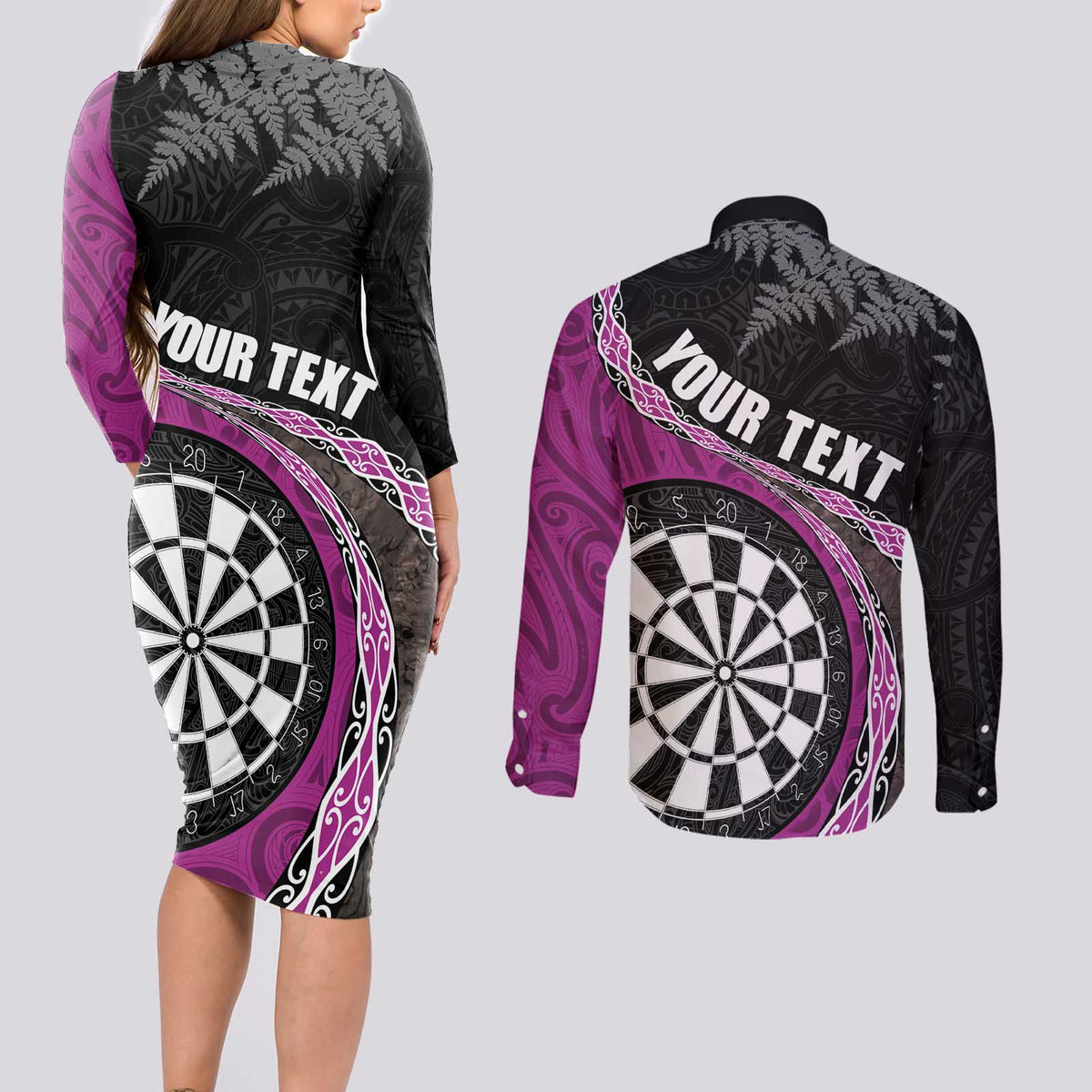 Personalised New Zealand Darts Couples Matching Long Sleeve Bodycon Dress and Long Sleeve Button Shirt Koru Tribal Tattoo and Silver Fern Maori Pattern Pink Color LT03 - Polynesian Pride