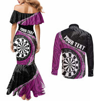 Personalised New Zealand Darts Couples Matching Mermaid Dress and Long Sleeve Button Shirt Koru Tribal Tattoo and Silver Fern Maori Pattern Pink Color LT03 - Polynesian Pride
