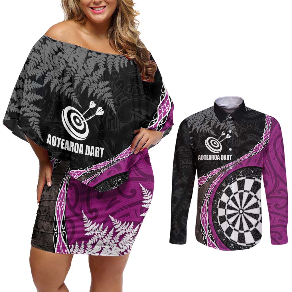Personalised New Zealand Darts Couples Matching Off Shoulder Short Dress and Long Sleeve Button Shirt Koru Tribal Tattoo and Silver Fern Maori Pattern Pink Color LT03 Pink - Polynesian Pride