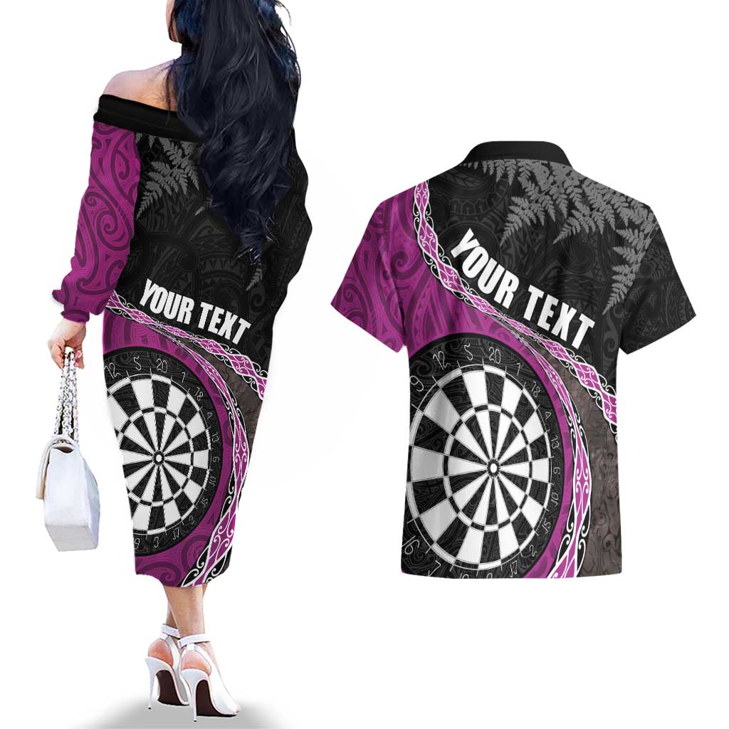 Personalised New Zealand Darts Couples Matching Off The Shoulder Long Sleeve Dress and Hawaiian Shirt Koru Tribal Tattoo and Silver Fern Maori Pattern Pink Color LT03 - Polynesian Pride