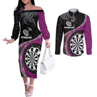 Personalised New Zealand Darts Couples Matching Off The Shoulder Long Sleeve Dress and Long Sleeve Button Shirt Koru Tribal Tattoo and Silver Fern Maori Pattern Pink Color LT03 Pink - Polynesian Pride