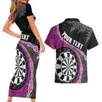 Personalised New Zealand Darts Couples Matching Short Sleeve Bodycon Dress and Hawaiian Shirt Koru Tribal Tattoo and Silver Fern Maori Pattern Pink Color LT03 - Polynesian Pride