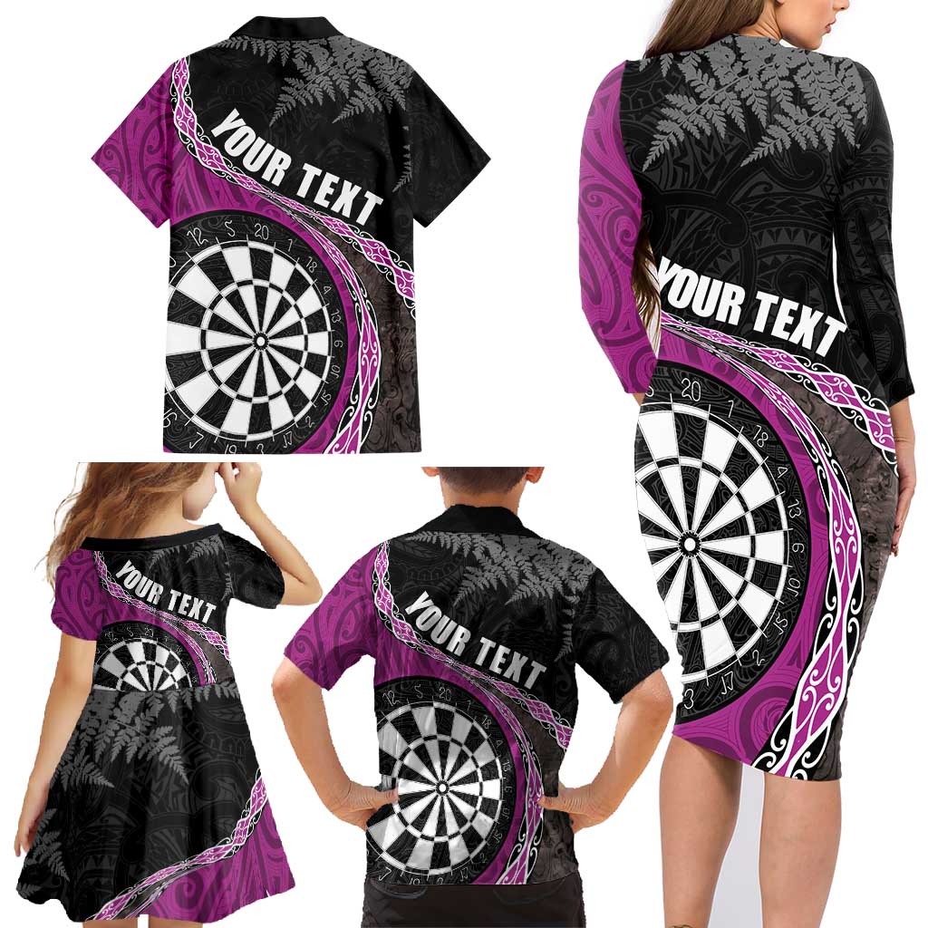 Personalised New Zealand Darts Family Matching Long Sleeve Bodycon Dress and Hawaiian Shirt Koru Tribal Tattoo and Silver Fern Maori Pattern Pink Color LT03 - Polynesian Pride