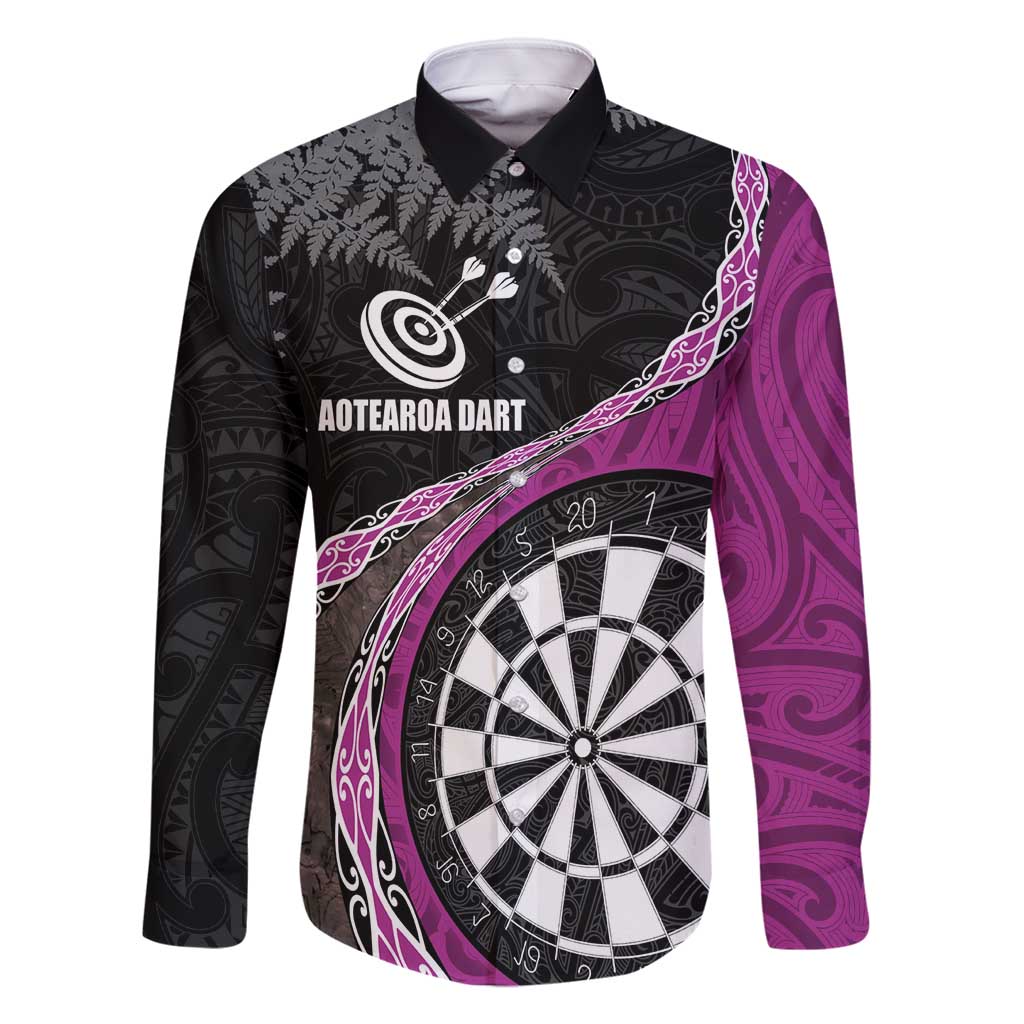 Personalised New Zealand Darts Family Matching Long Sleeve Bodycon Dress and Hawaiian Shirt Koru Tribal Tattoo and Silver Fern Maori Pattern Pink Color LT03 Dad's Shirt - Long Sleeve Pink - Polynesian Pride