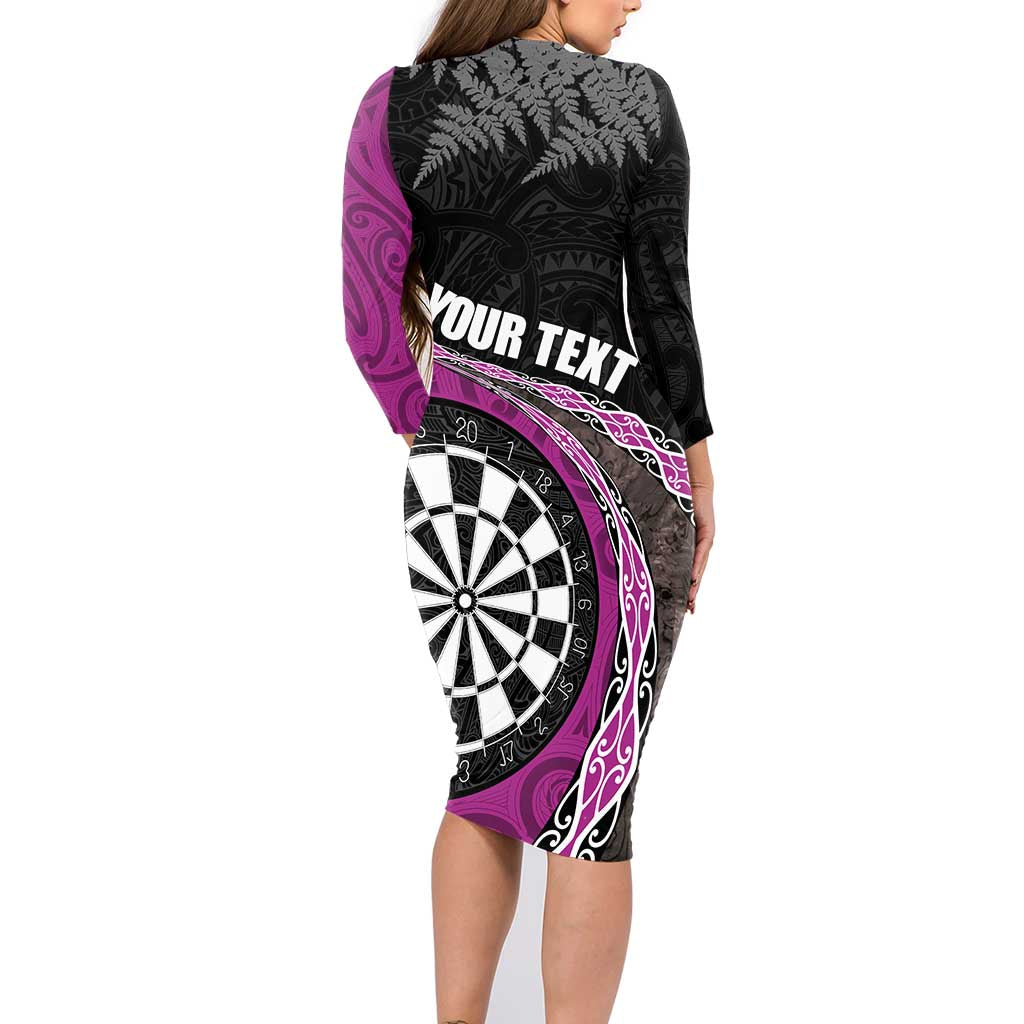 Personalised New Zealand Darts Family Matching Long Sleeve Bodycon Dress and Hawaiian Shirt Koru Tribal Tattoo and Silver Fern Maori Pattern Pink Color LT03 - Polynesian Pride