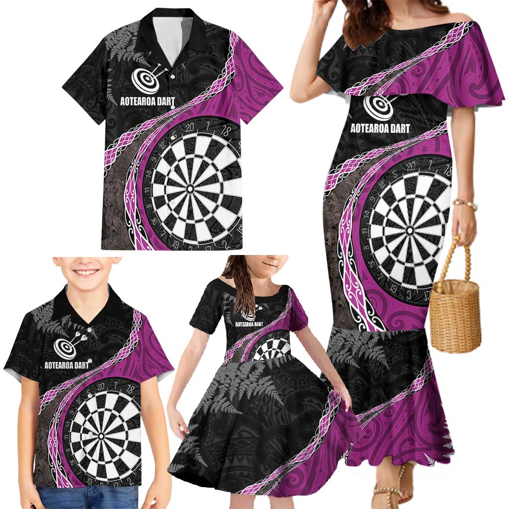 Personalised New Zealand Darts Family Matching Mermaid Dress and Hawaiian Shirt Koru Tribal Tattoo and Silver Fern Maori Pattern Pink Color LT03 - Polynesian Pride