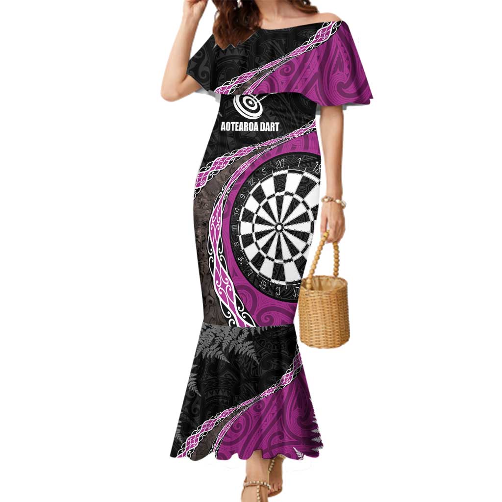 Personalised New Zealand Darts Family Matching Mermaid Dress and Hawaiian Shirt Koru Tribal Tattoo and Silver Fern Maori Pattern Pink Color LT03 Mom's Dress Pink - Polynesian Pride