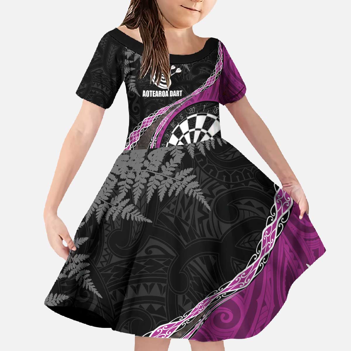 Personalised New Zealand Darts Family Matching Off The Shoulder Long Sleeve Dress and Hawaiian Shirt Koru Tribal Tattoo and Silver Fern Maori Pattern Pink Color LT03 Daughter's Dress Pink - Polynesian Pride