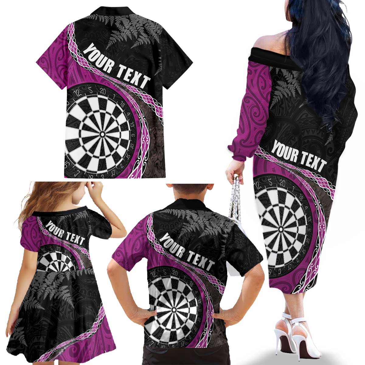 Personalised New Zealand Darts Family Matching Off The Shoulder Long Sleeve Dress and Hawaiian Shirt Koru Tribal Tattoo and Silver Fern Maori Pattern Pink Color LT03 - Polynesian Pride