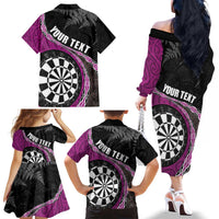 Personalised New Zealand Darts Family Matching Off The Shoulder Long Sleeve Dress and Hawaiian Shirt Koru Tribal Tattoo and Silver Fern Maori Pattern Pink Color LT03 - Polynesian Pride