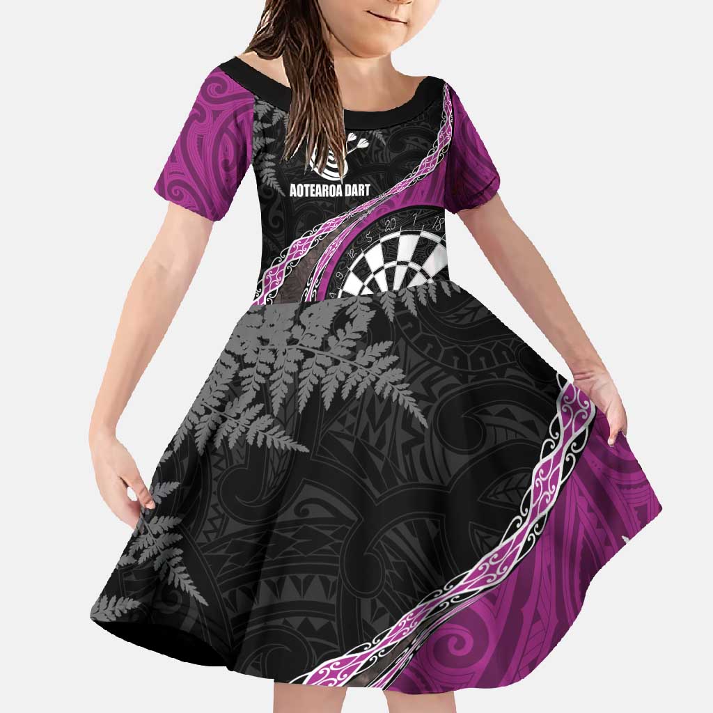 Personalised New Zealand Darts Family Matching Off Shoulder Maxi Dress and Hawaiian Shirt Koru Tribal Tattoo and Silver Fern Maori Pattern Pink Color LT03 Daughter's Dress Pink - Polynesian Pride
