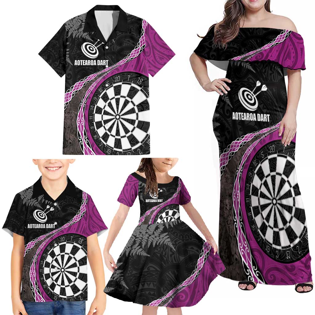 Personalised New Zealand Darts Family Matching Off Shoulder Maxi Dress and Hawaiian Shirt Koru Tribal Tattoo and Silver Fern Maori Pattern Pink Color LT03 - Polynesian Pride