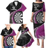 Personalised New Zealand Darts Family Matching Puletasi and Hawaiian Shirt Koru Tribal Tattoo and Silver Fern Maori Pattern Pink Color LT03 - Polynesian Pride
