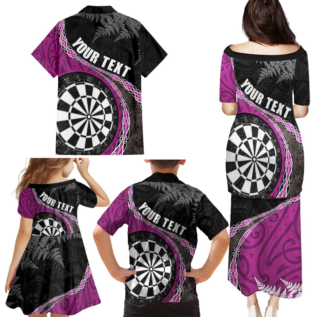 Personalised New Zealand Darts Family Matching Puletasi and Hawaiian Shirt Koru Tribal Tattoo and Silver Fern Maori Pattern Pink Color LT03 - Polynesian Pride