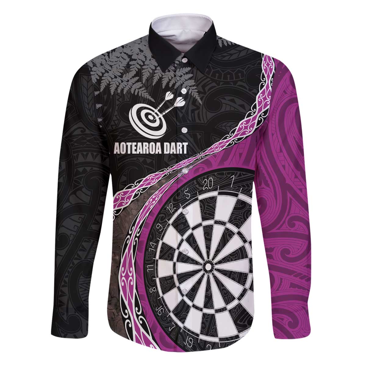 Personalised New Zealand Darts Family Matching Puletasi and Hawaiian Shirt Koru Tribal Tattoo and Silver Fern Maori Pattern Pink Color LT03 Dad's Shirt - Long Sleeve Pink - Polynesian Pride