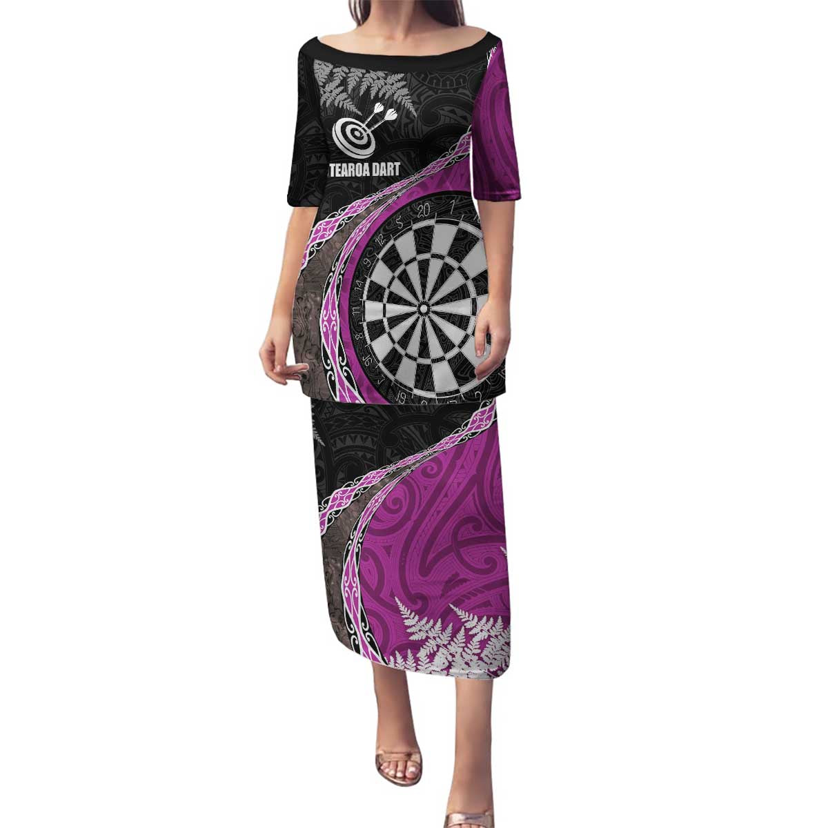 Personalised New Zealand Darts Family Matching Puletasi and Hawaiian Shirt Koru Tribal Tattoo and Silver Fern Maori Pattern Pink Color LT03 Mom's Dress Pink - Polynesian Pride