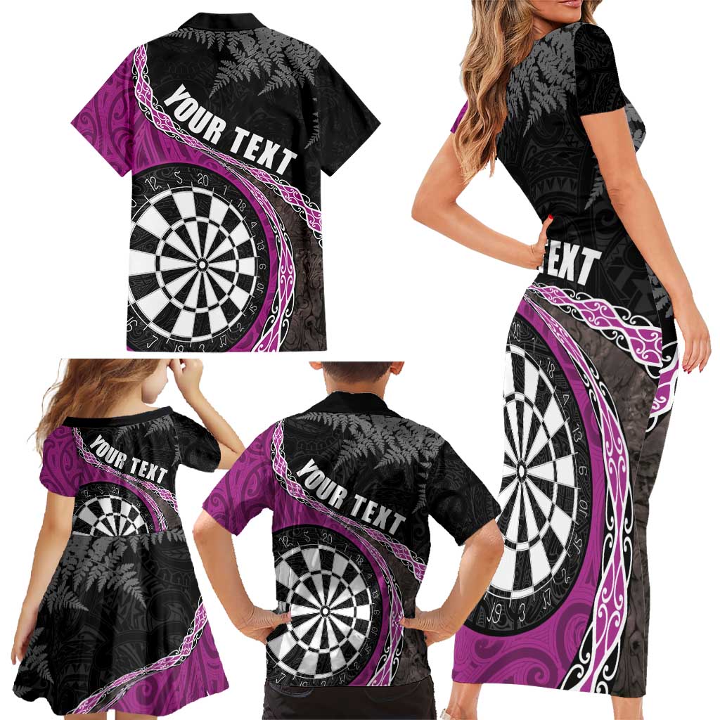 Personalised New Zealand Darts Family Matching Short Sleeve Bodycon Dress and Hawaiian Shirt Koru Tribal Tattoo and Silver Fern Maori Pattern Pink Color LT03 - Polynesian Pride