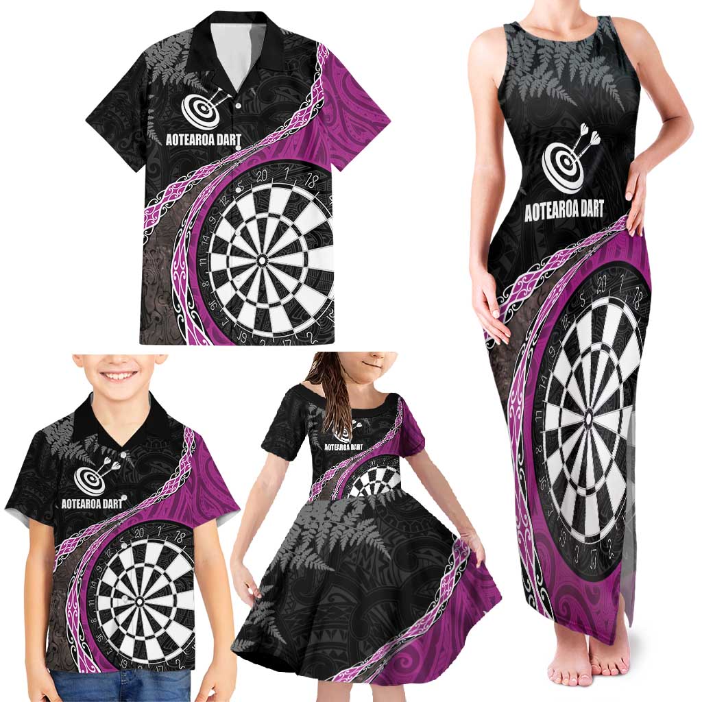 Personalised New Zealand Darts Family Matching Tank Maxi Dress and Hawaiian Shirt Koru Tribal Tattoo and Silver Fern Maori Pattern Pink Color LT03 - Polynesian Pride