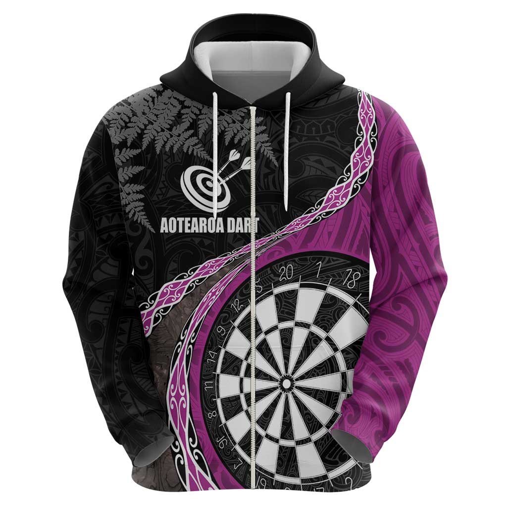 Personalised New Zealand Darts Hoodie Koru Tribal Tattoo and Silver Fern Maori Pattern Pink Color LT03 - Polynesian Pride