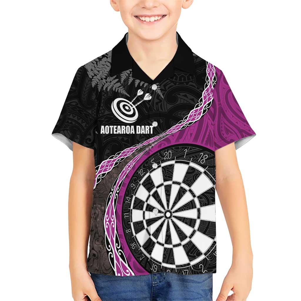Personalised New Zealand Darts Kid Hawaiian Shirt Koru Tribal Tattoo and Silver Fern Maori Pattern Pink Color LT03 Kid Pink - Polynesian Pride