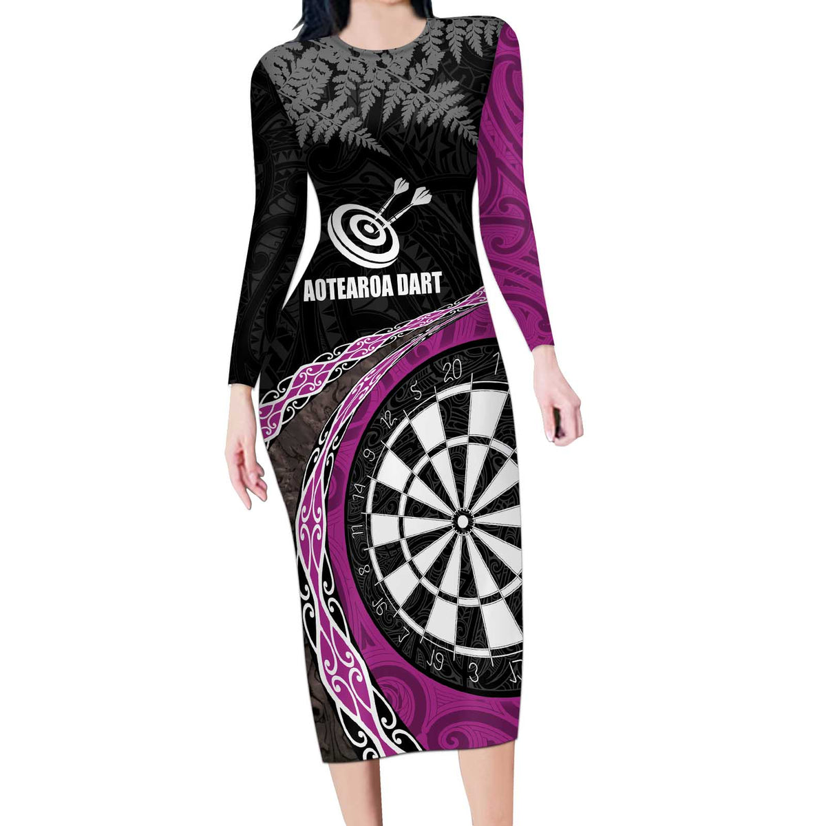 Personalised New Zealand Darts Long Sleeve Bodycon Dress Koru Tribal Tattoo and Silver Fern Maori Pattern Pink Color LT03 Long Dress Pink - Polynesian Pride