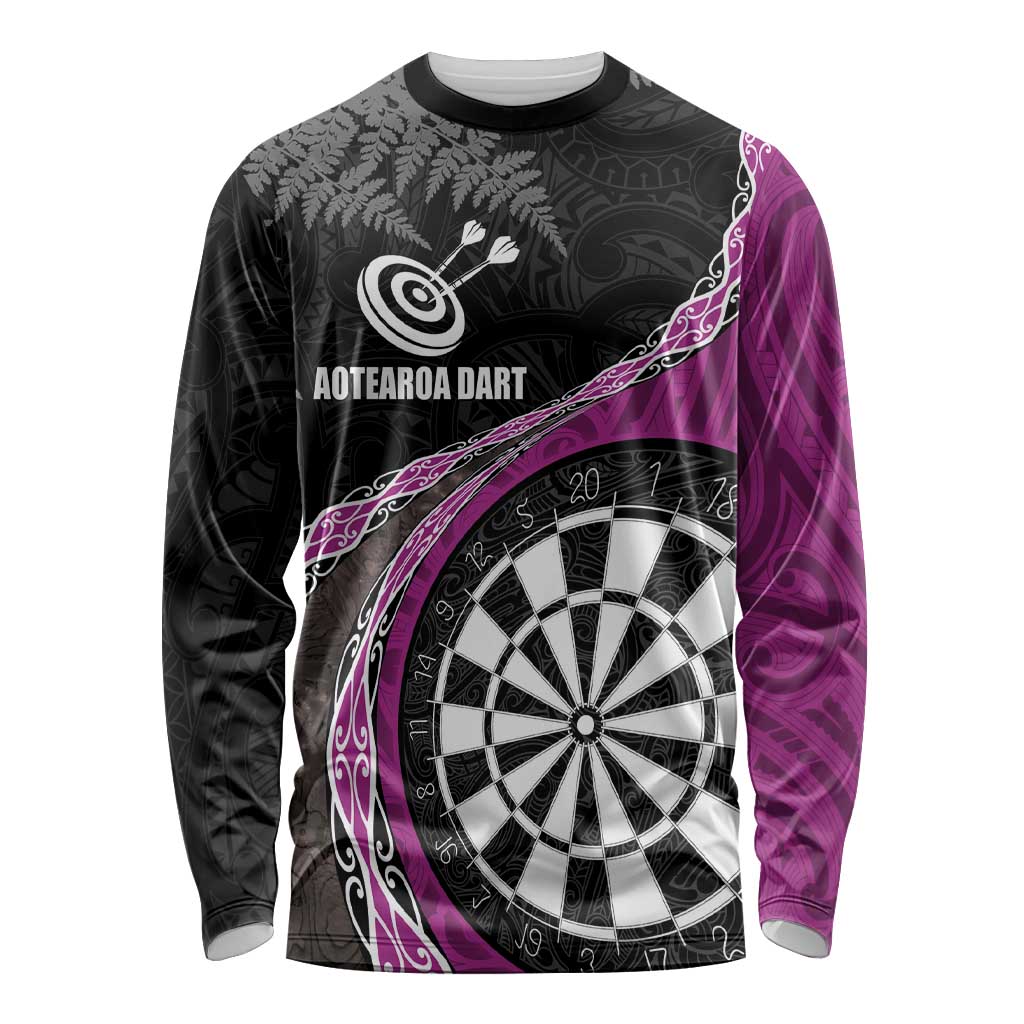 Personalised New Zealand Darts Long Sleeve Shirt Koru Tribal Tattoo and Silver Fern Maori Pattern Pink Color LT03 Unisex Pink - Polynesian Pride