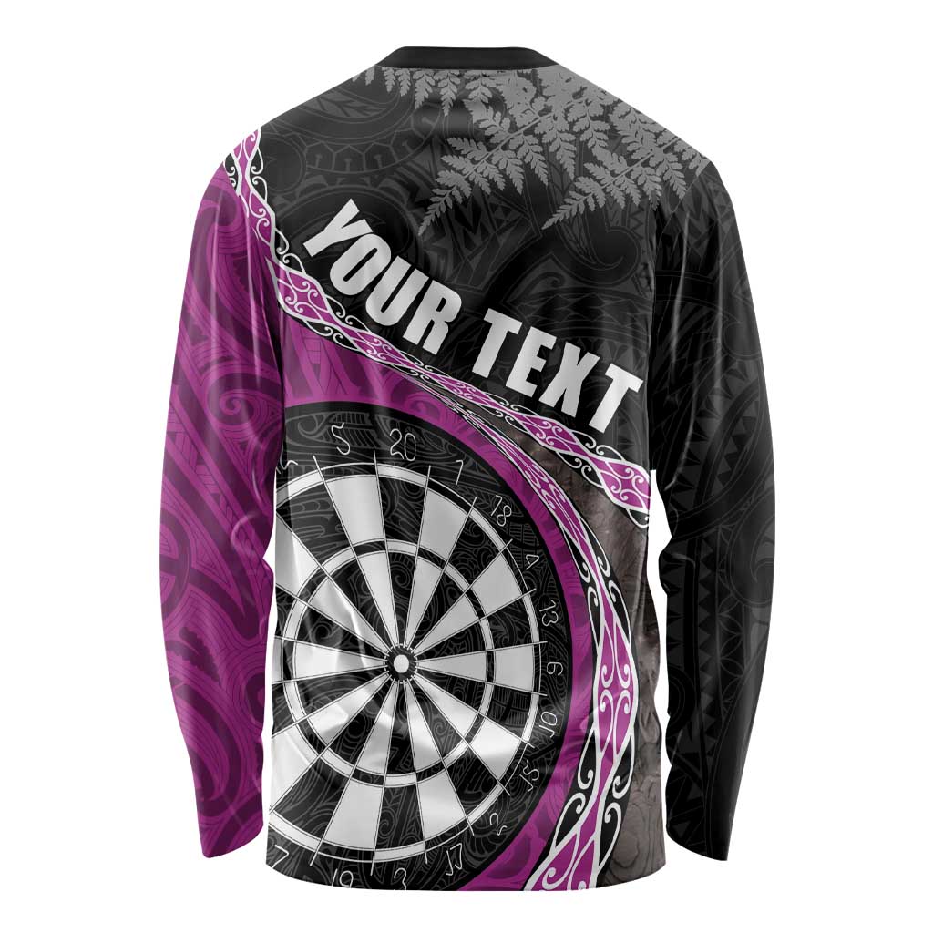Personalised New Zealand Darts Long Sleeve Shirt Koru Tribal Tattoo and Silver Fern Maori Pattern Pink Color LT03 - Polynesian Pride