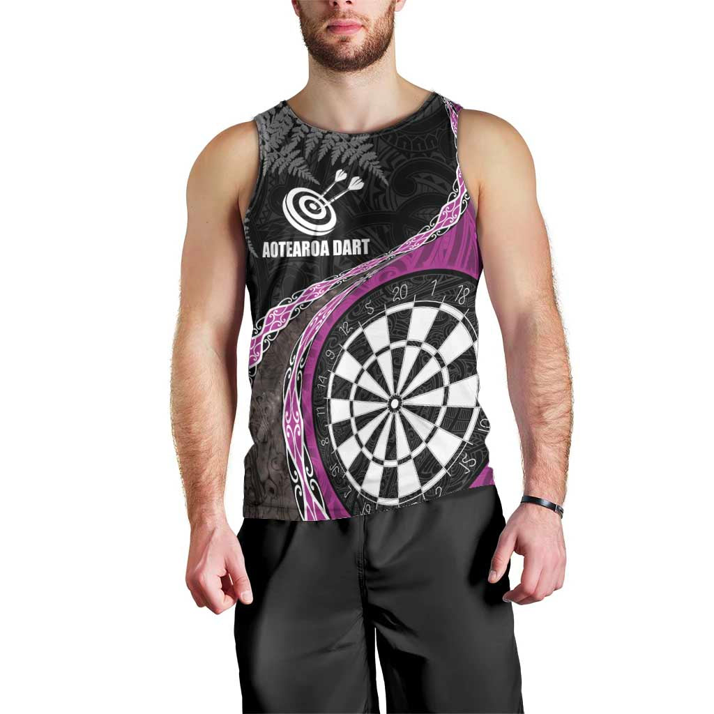 Personalised New Zealand Darts Men Tank Top Koru Tribal Tattoo and Silver Fern Maori Pattern Pink Color LT03 - Polynesian Pride