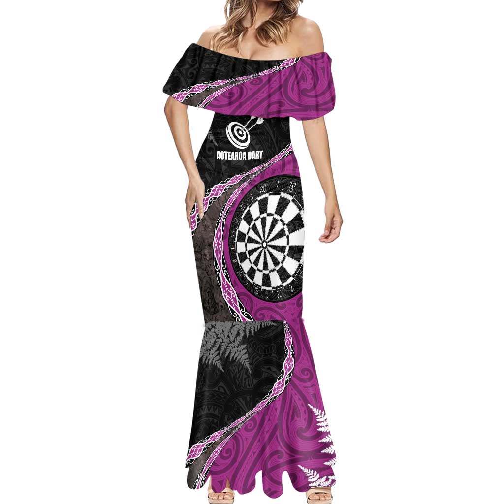 Personalised New Zealand Darts Mermaid Dress Koru Tribal Tattoo and Silver Fern Maori Pattern Pink Color LT03 - Polynesian Pride