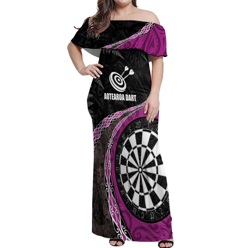 Personalised New Zealand Darts Off Shoulder Maxi Dress Koru Tribal Tattoo and Silver Fern Maori Pattern Pink Color LT03 Women Pink - Polynesian Pride