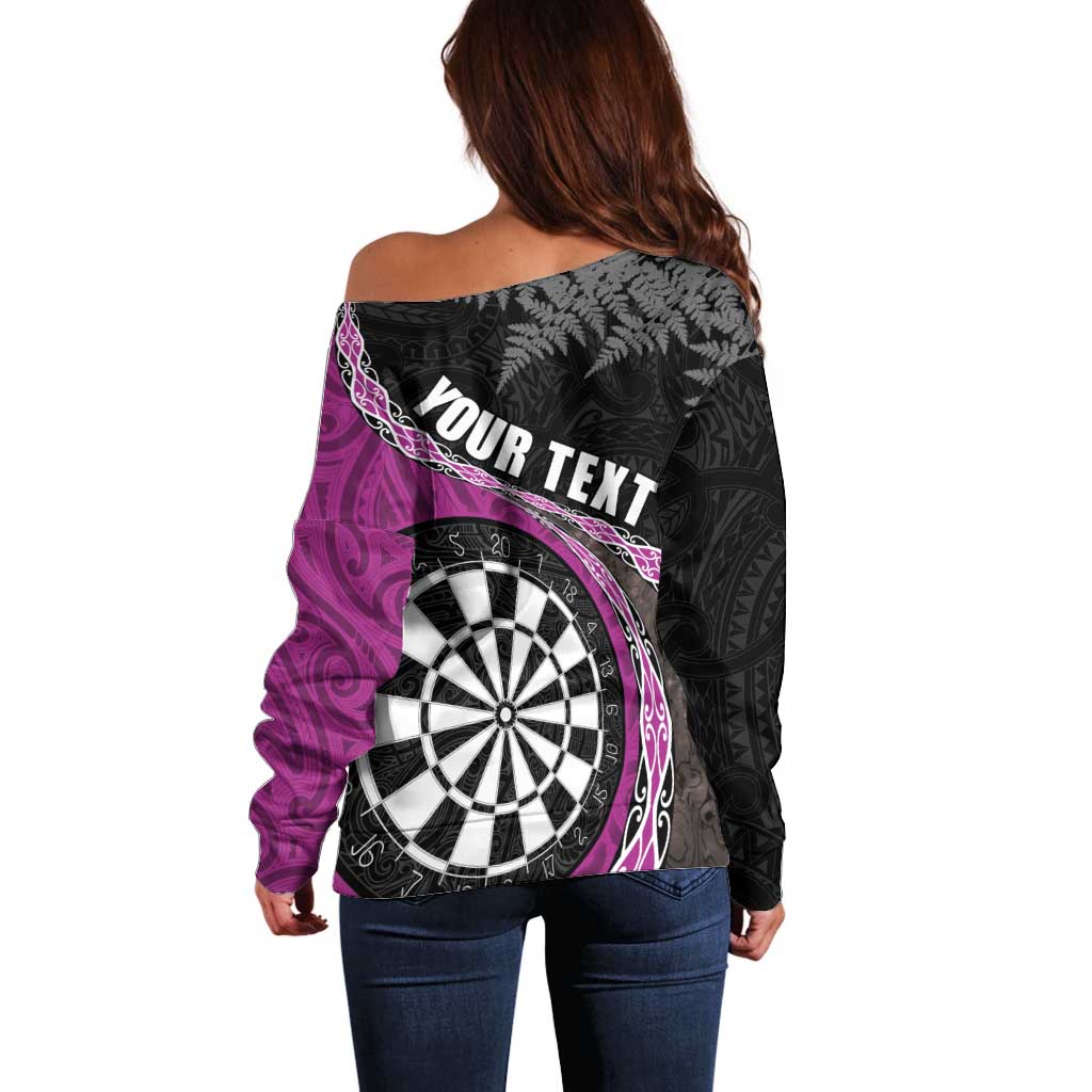 Personalised New Zealand Darts Off Shoulder Sweater Koru Tribal Tattoo and Silver Fern Maori Pattern Pink Color LT03 - Polynesian Pride
