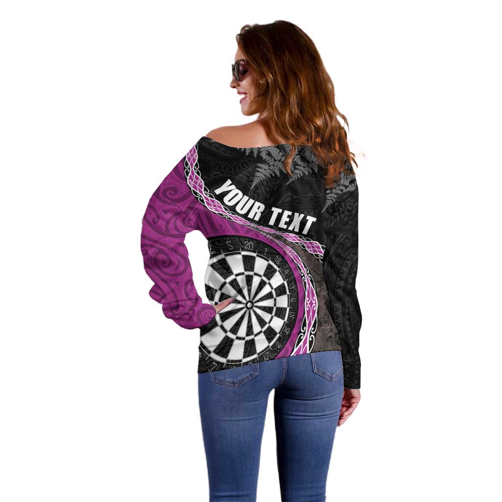 Personalised New Zealand Darts Off Shoulder Sweater Koru Tribal Tattoo and Silver Fern Maori Pattern Pink Color LT03 - Polynesian Pride