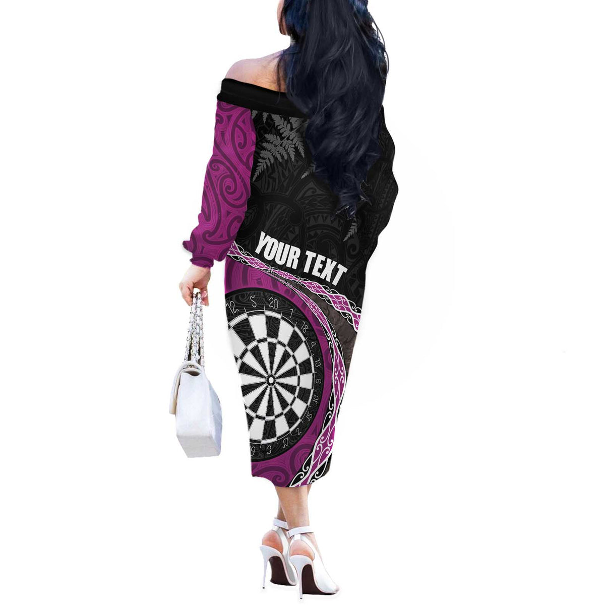 Personalised New Zealand Darts Off The Shoulder Long Sleeve Dress Koru Tribal Tattoo and Silver Fern Maori Pattern Pink Color LT03 - Polynesian Pride