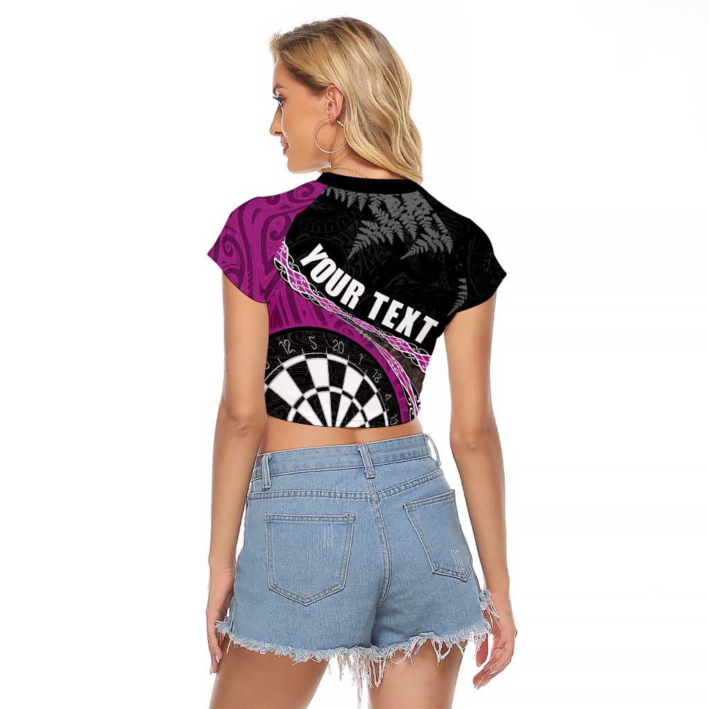 Personalised New Zealand Darts Raglan Cropped T Shirt Koru Tribal Tattoo and Silver Fern Maori Pattern Pink Color LT03 - Polynesian Pride